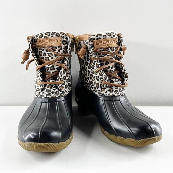 Sperry Lace Up Saltwater Rain Boots Ankle Booties Rubber Leopard 6 - Picture 9 of 9